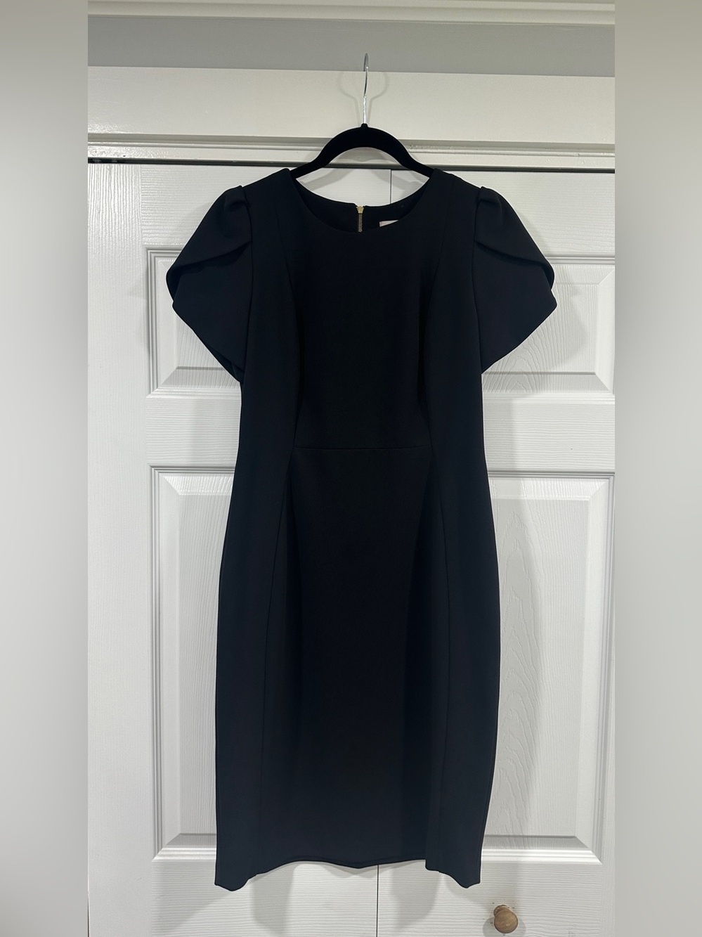Calvin Klein Black Midi Sheath Dress with Puff Sleeves